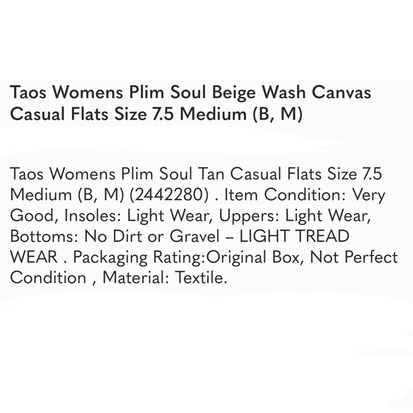 Taos Womens Plim Soul Beige Wash Canvas Casual Flats Size 7.5 Medium (B, M) - Picture 5 of 5